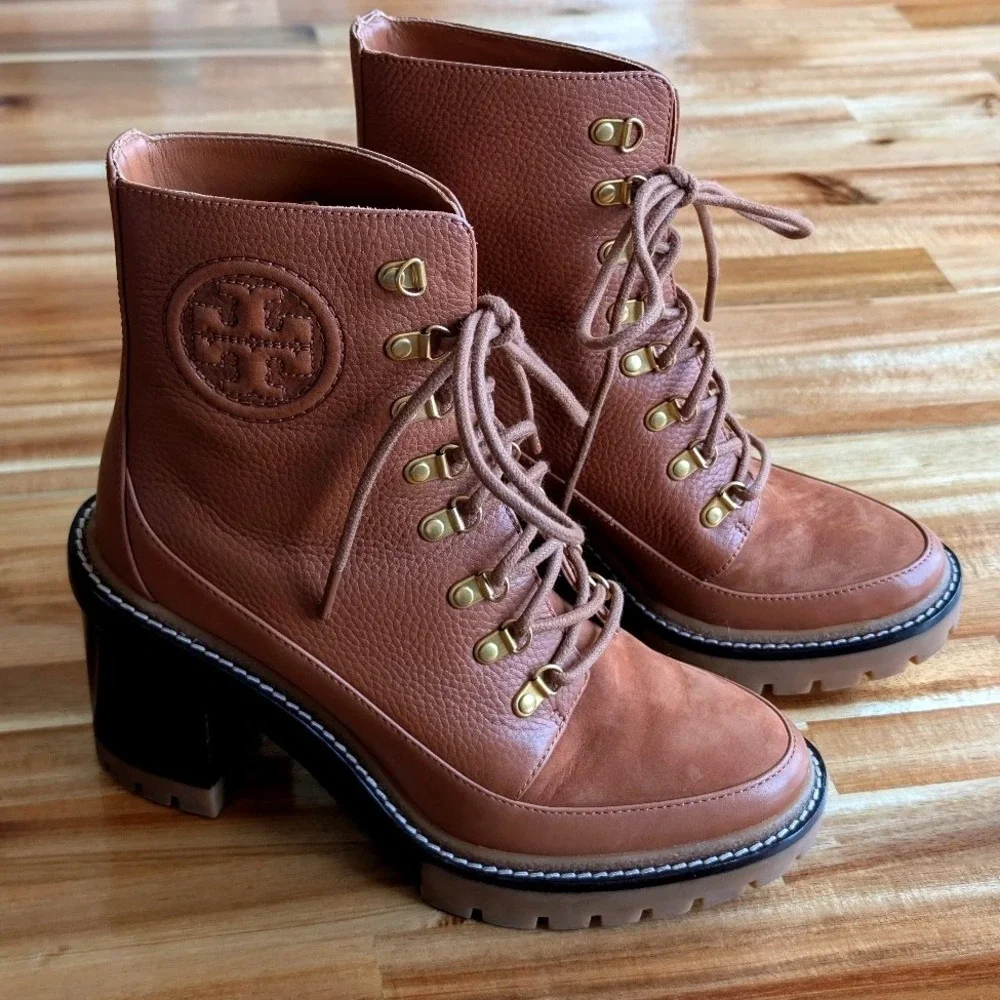 Tory Burch Miller Lug Sole Ankle Boots Brown Pebbled Leather Tan‎ Size 7.5